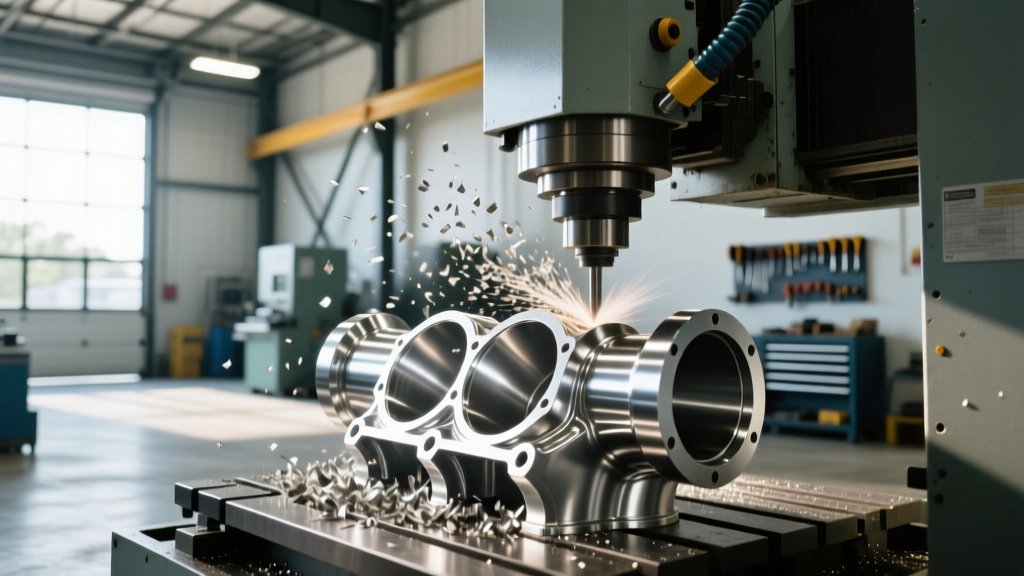 CNC milling machine cutting an aluminum automotive aftermarket intake manifold prototype in a Savannah Georgia machine shop