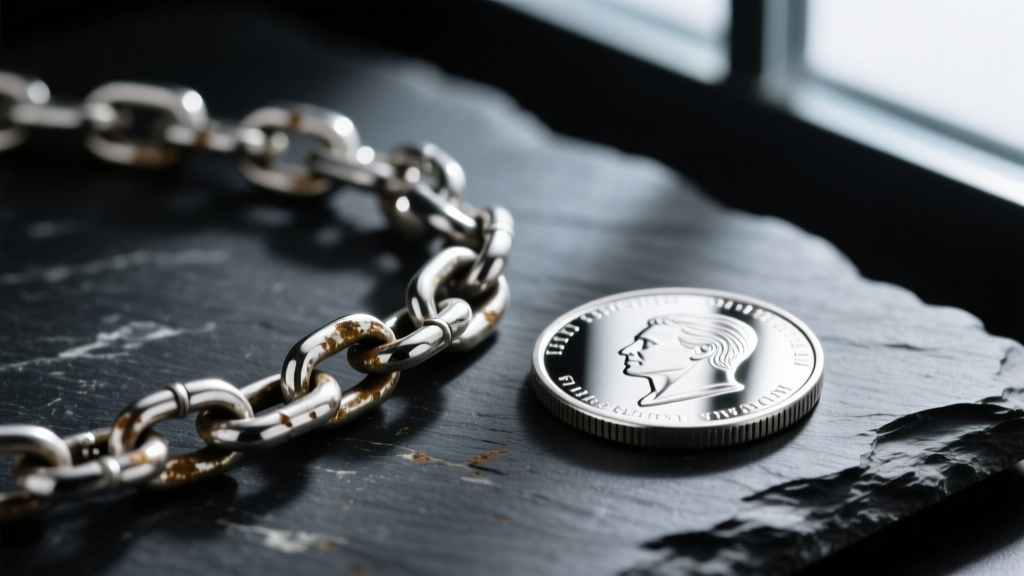 Macro shot of tarnished 925 sterling silver chain beside a polished fine silver coin on dark slate with dramatic side lighting