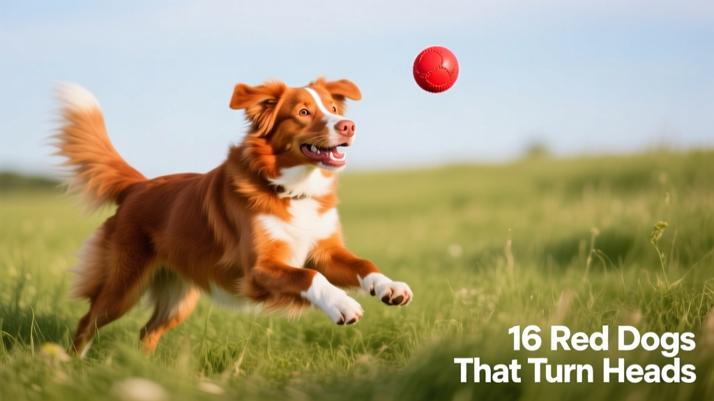 Nova Scotia Duck Tolling Retriever playing fetch in a grassy field, showing its vibrant copper-red coat and white markings