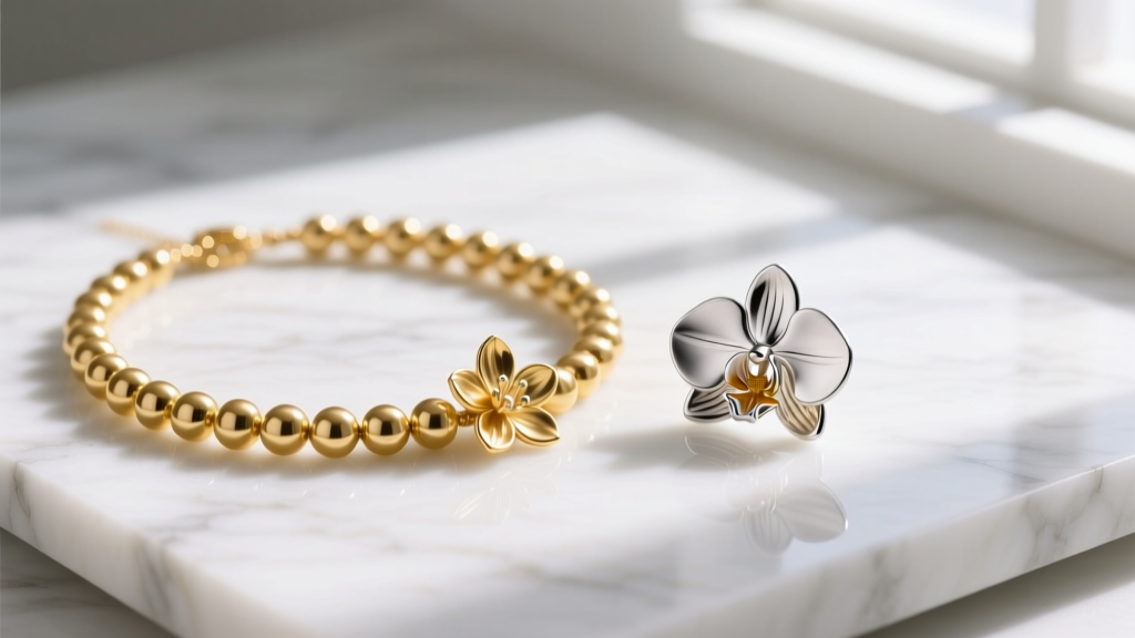 14k gold Pikake jasmine bead necklace beside a silver orchid pendant on white marble, illuminated by bright natural window light.