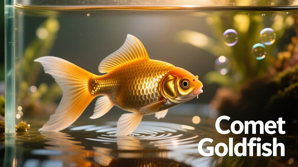 Close-up of a shimmering comet goldfish with flowing forked tail swimming near the surface