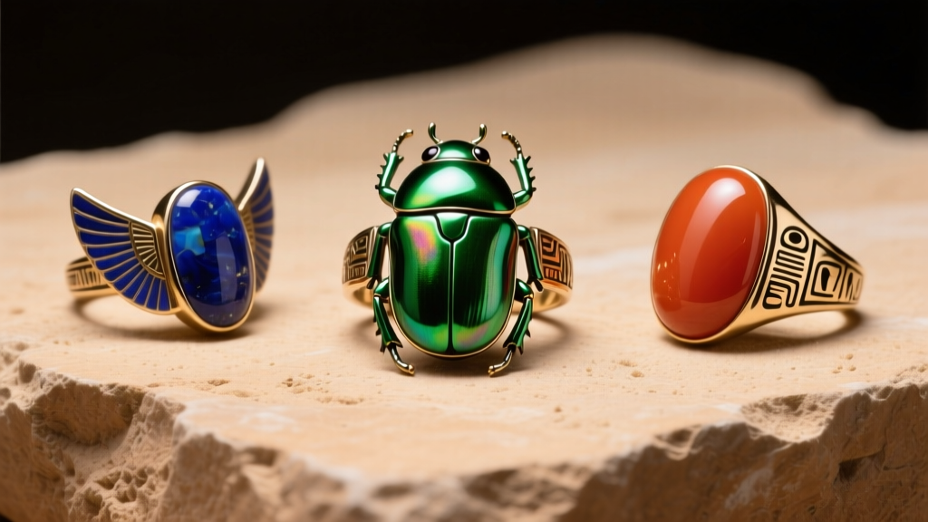 Three ancient Egyptian jewelry scarab rings on sandstone, displaying green faience, deep blue lapis, and bright carnelian stones.