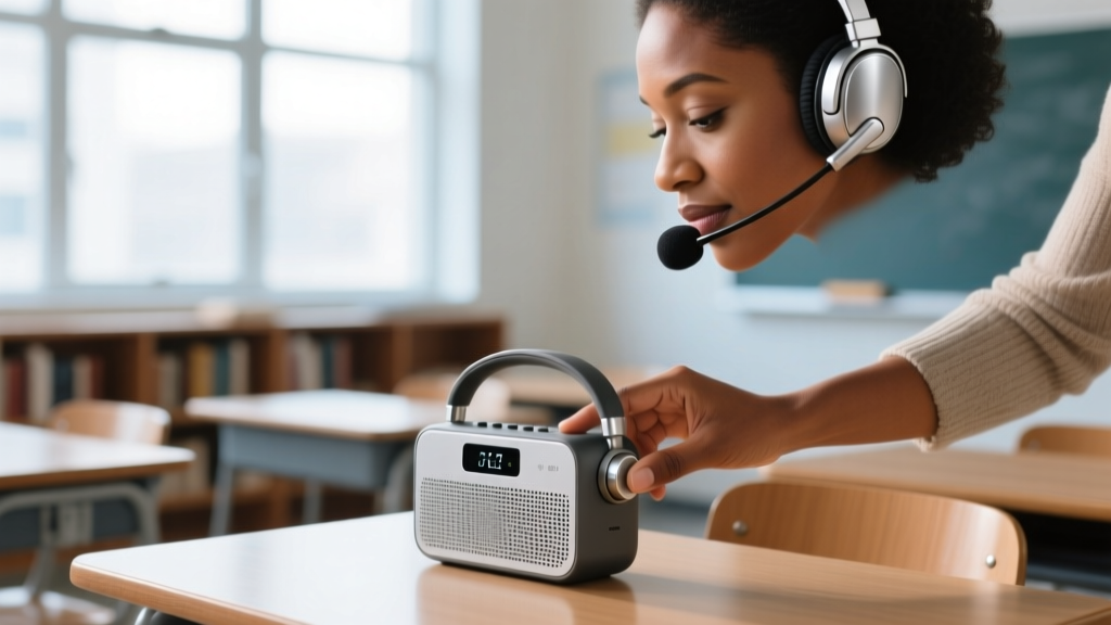 Teacher wearing a lightweight wireless headset microphone adjusting the volume dial on a portable classroom voice amplifier