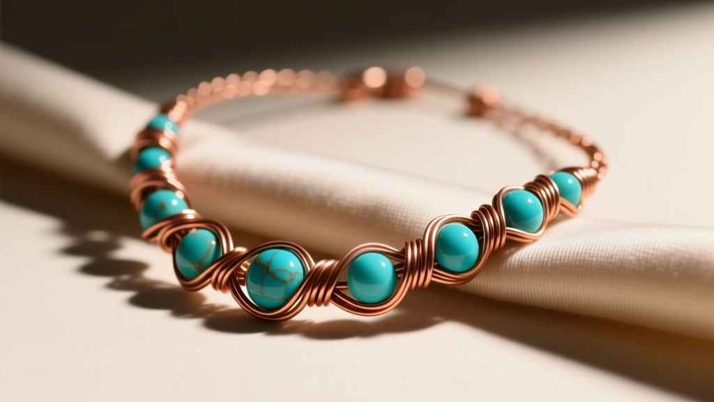 Close-up of a handmade DIY necklace with copper wire and turquoise beads resting on a microfiber cloth under warm studio lighting