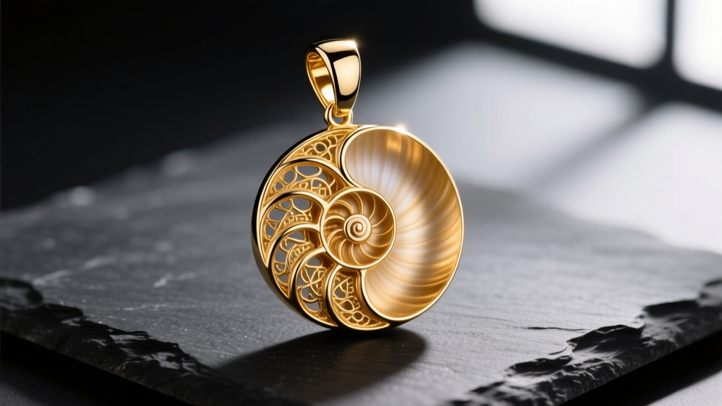 Macro shot of a 14k gold nautilus pendant on dark slate, showing the intricate Fibonacci spiral chambers and a polished bail.