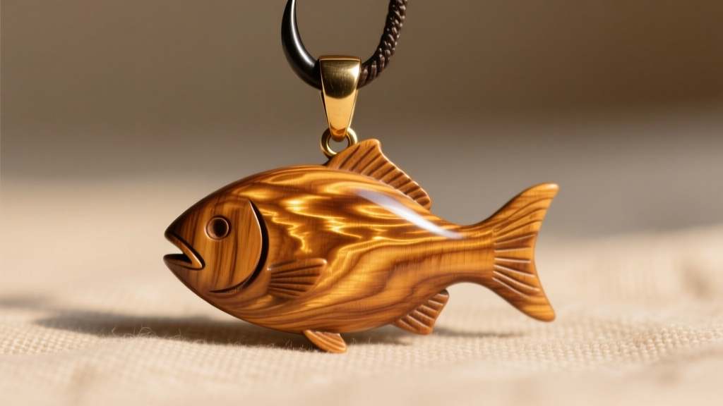 Macro shot of polished Acacia koa wood fish hook pendant revealing deep golden wood grain patterns and a subtle chatoyant flash