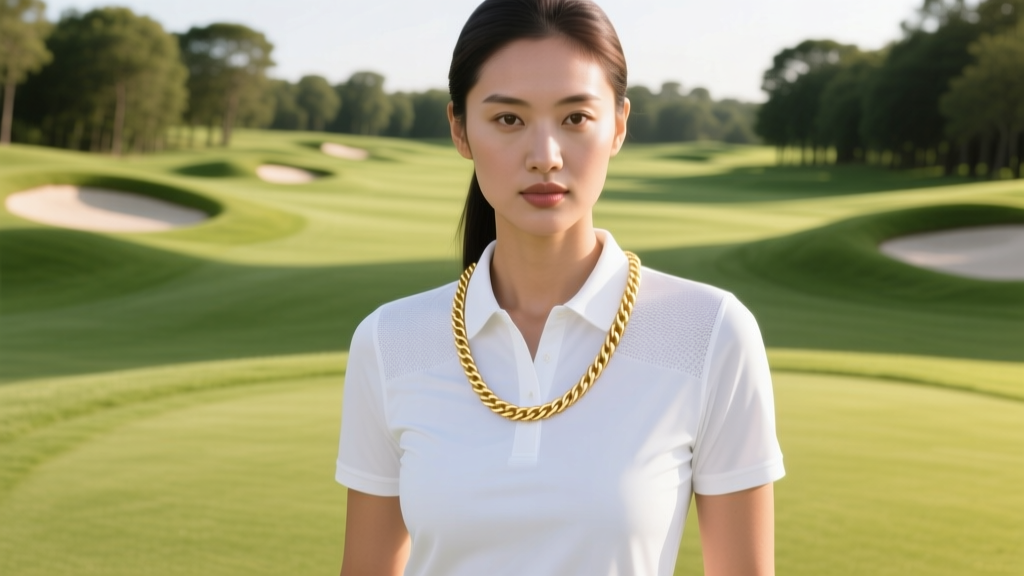 Female golfer wearing a delicate 14k solid gold rope chain over a white moisture-wicking polo shirt on a bright, sunny golf course