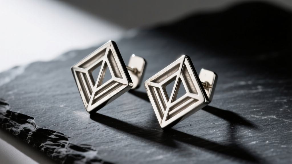 Close-up of vintage Frank Lloyd Wright sterling silver geometric earrings on dark slate with soft directional lighting.