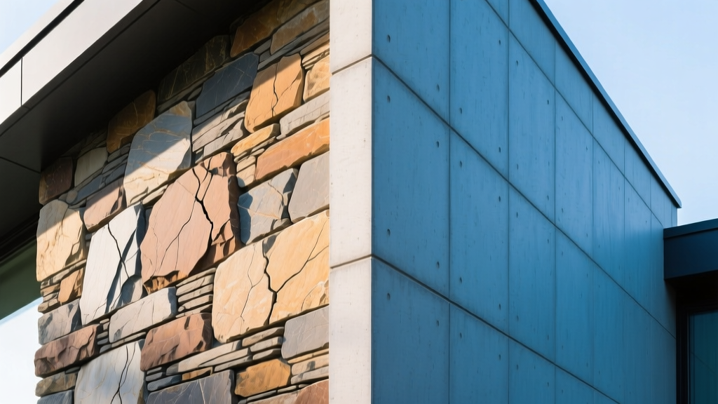 Split-view exterior wall showing natural cleft Pennsylvania bluestone veneer on the left and manufactured cast concrete blue stone veneer on the right