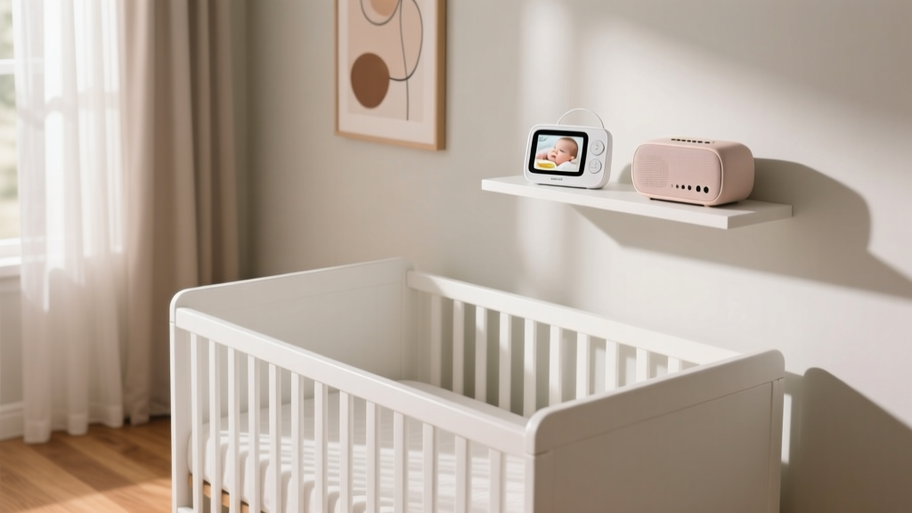 A peaceful modern nursery featuring budget-friendly baby gadgets like a compact video monitor and portable sound machine on the crib shelf.