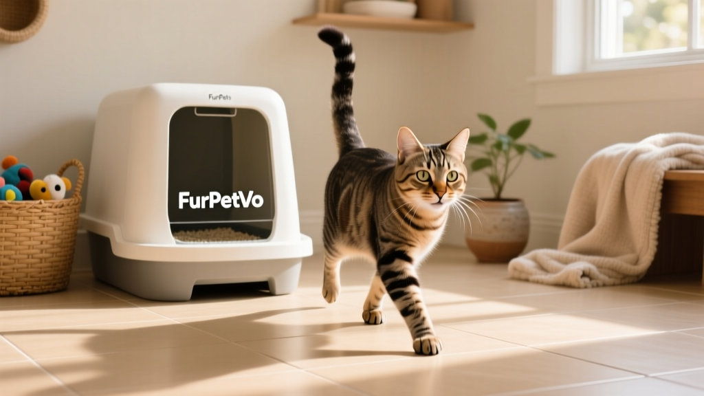 Happy cat stepping confidently into a clean FurPetVo litter box surrounded by tidy flooring