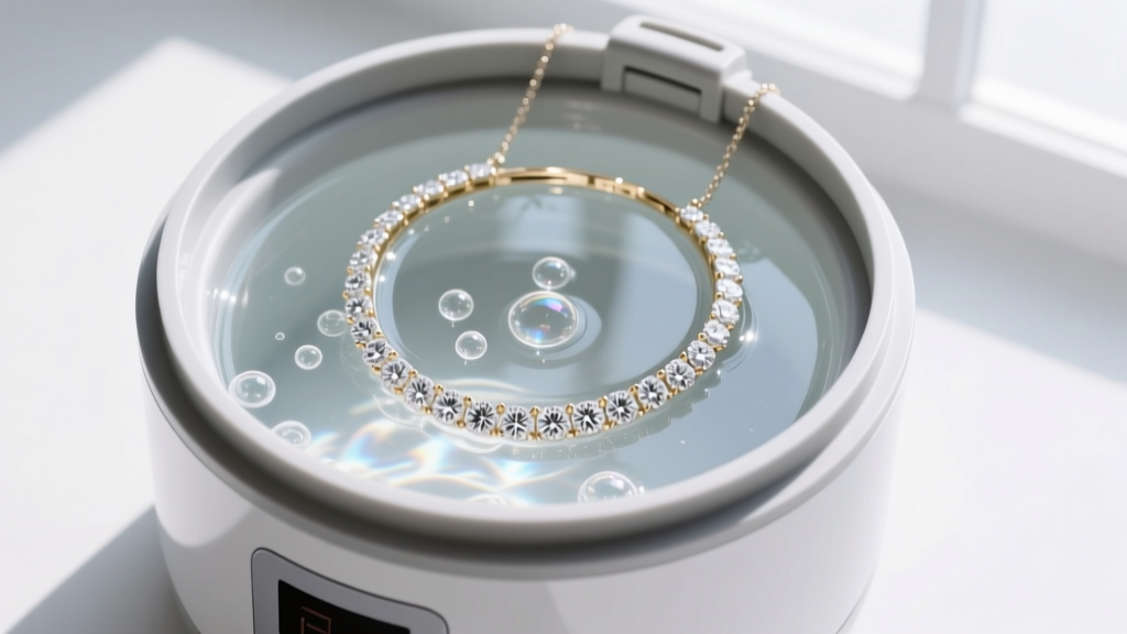 Overhead view of an ultrasonic cleaner basket holding a white gold bezel diamond necklace, gentle bubbles forming in the solution.