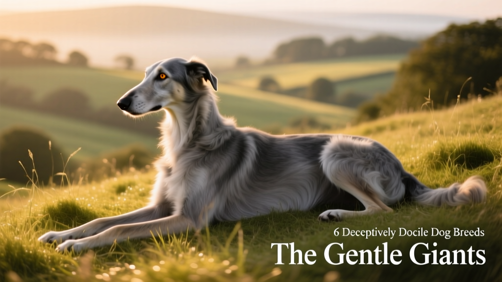 A tall, lean Irish Wolfhound resting peacefully on a grassy hillside, gazing softly into the distance