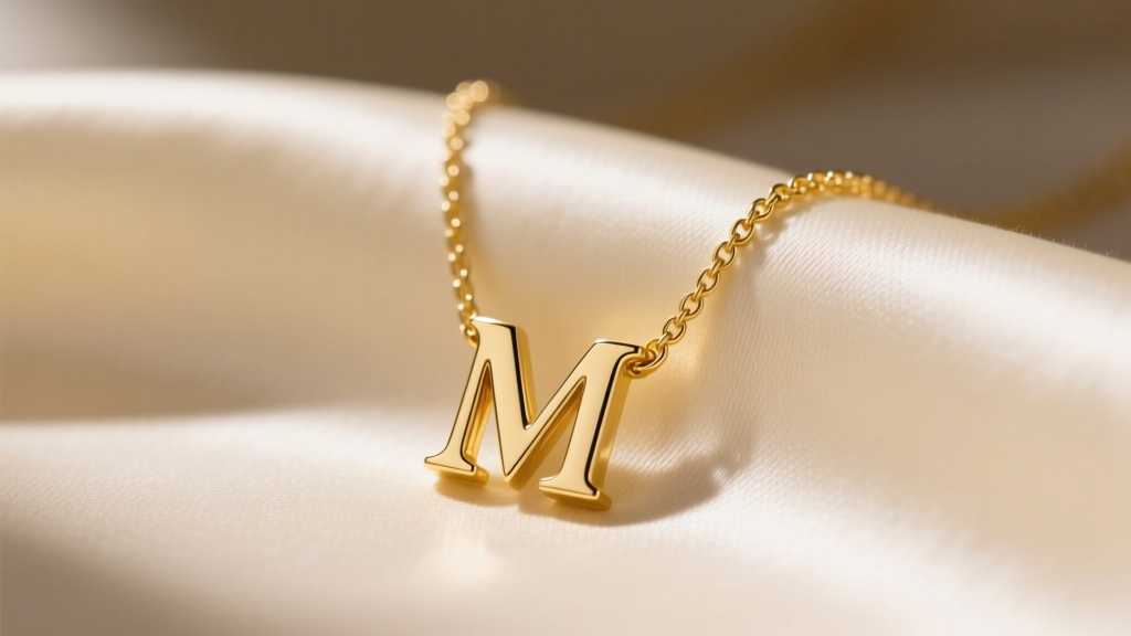 Close-up of a delicate 14k yellow gold Bracha initial necklace with a serif letter M resting on cream silk fabric in soft lighting.