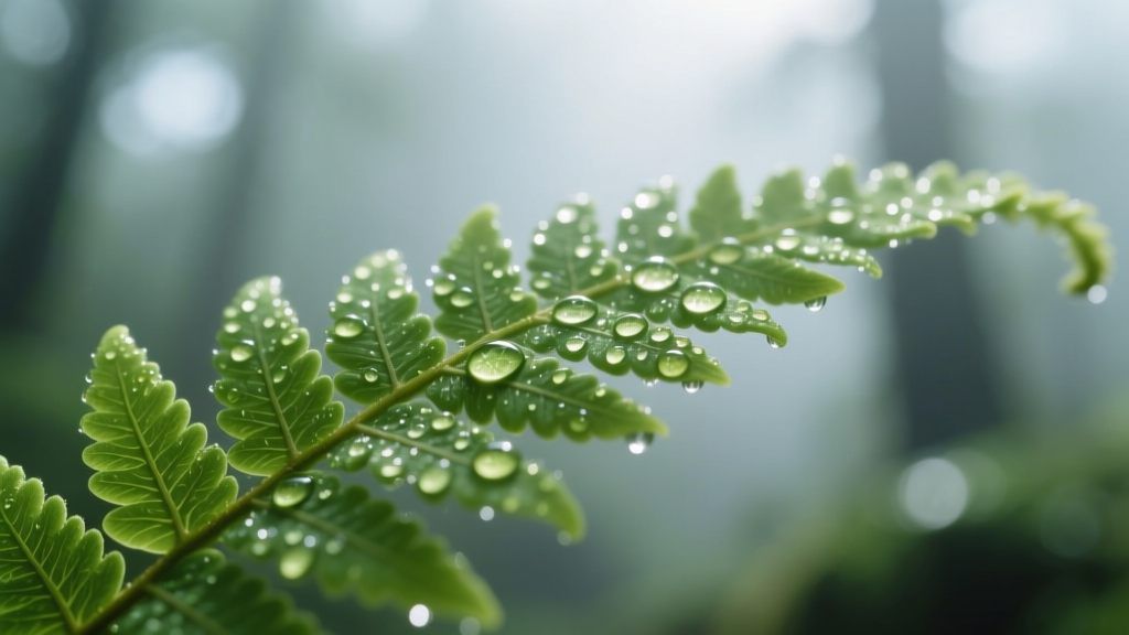 Macro shot of morning dew on a green fern leaf captured using a smartphone equipped with a premium clip-on macro lens