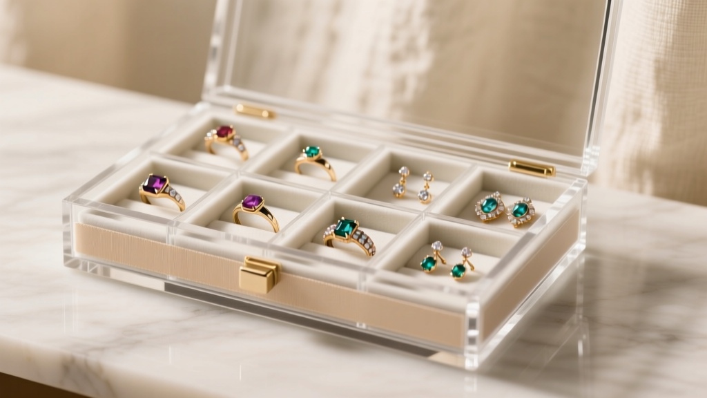 A neatly organized acrylic jewelry storage box with anti-tarnish strips, showing separated compartments for rings and earrings.