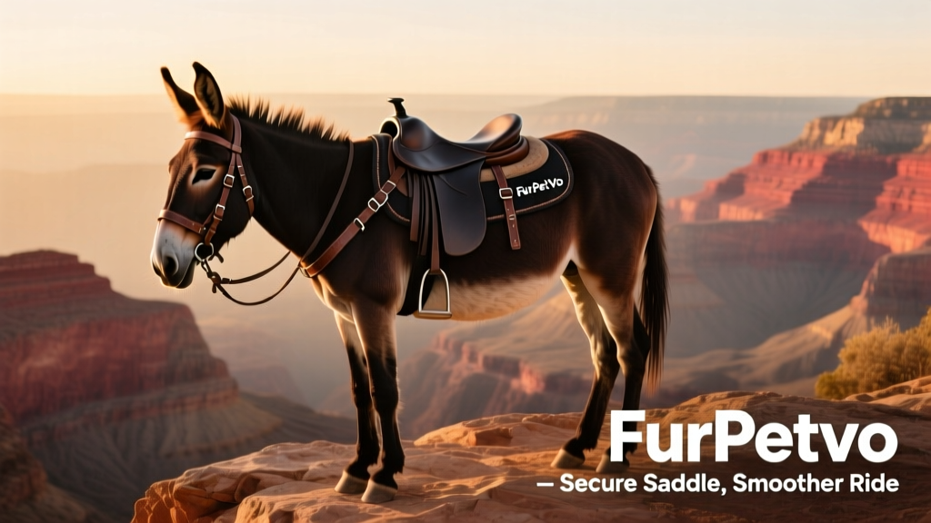 Saddle mule at Grand Canyon rim wearing FurPetVo breeching system