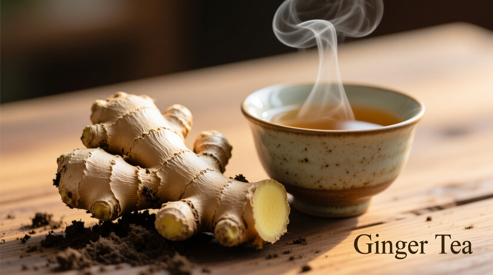 Fresh ginger root and tea cup