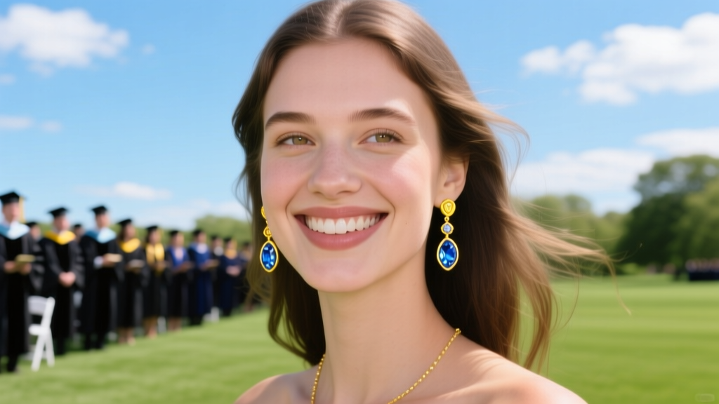 Woman wearing 18-gauge yellow gold drop earrings with Yogo sapphire accents, smiling softly at a bright outdoor graduation ceremony.