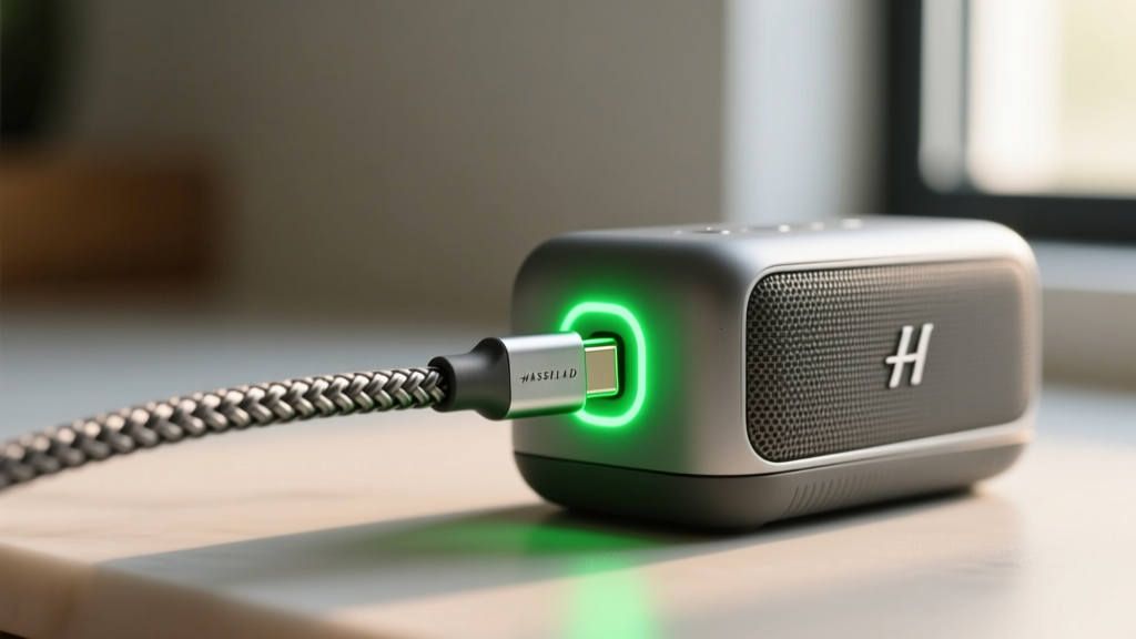 Macro close-up of a braided USB-C PD cable plugged into a waterproof portable speaker, illuminating a bright green fast-charging LED indicator
