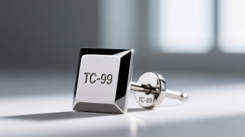 Extreme close-up of a tungsten carbide square earring showing high-polish chamfered edges and a laser-engraved hallmark on the post.