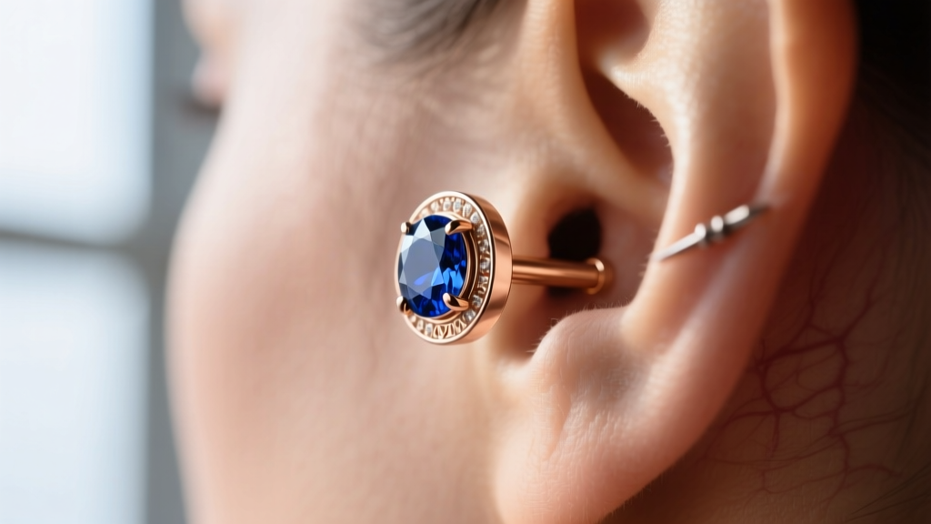 Side profile of a 14K rose gold threadless cartilage stud with a bezel-set sapphire, inserted into a healed helix piercing.