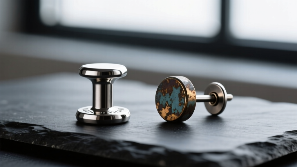 Macro shot of a polished titanium flat back labret resting next to a tarnished steel earring gun stud on a dark slate surface