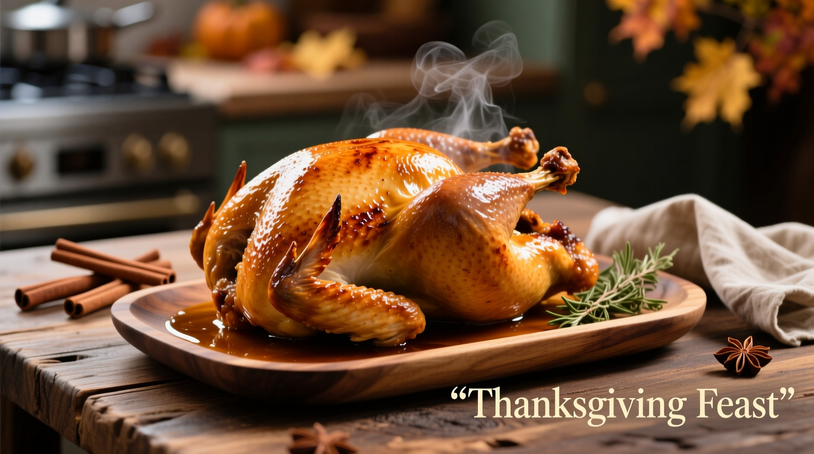 Perfectly roasted golden brown turkey on serving platter