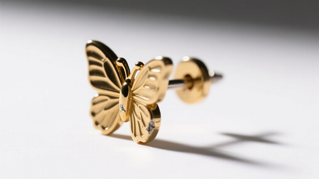 Macro shot of a St John earring butterfly back and steel post showing gold-tone plating wear near the friction notch on white.