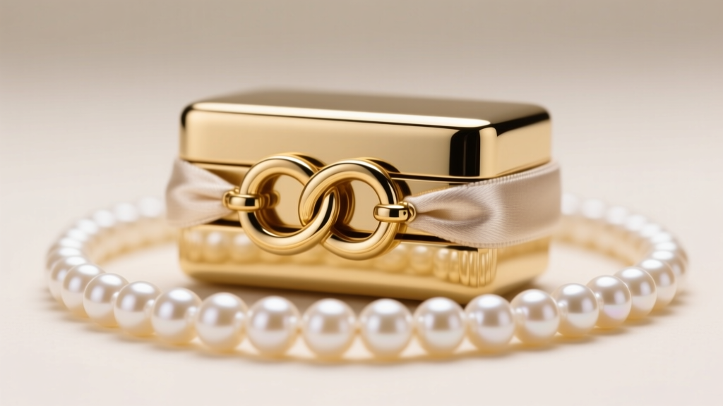 Macro view of an 18k gold box clasp with double figure-8 safety catches securing the silk ends of a multistrand pearl necklace.