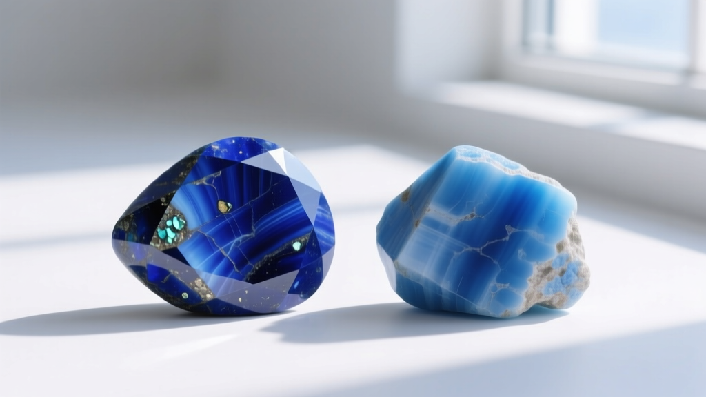 Macro comparison of genuine lapis lazuli with irregular pyrite next to a dyed howlite fake showing uniform artificial blue color