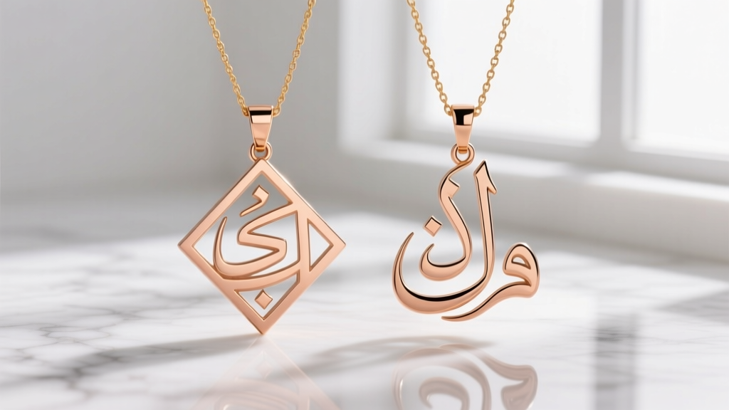 Comparison of geometric Kufic and sweeping Thuluth Arabic script pendants cast in polished 14k rose gold on white marble