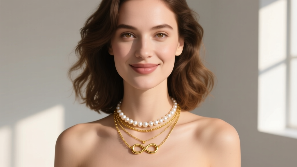 Woman wearing a layered 14k gold infinity necklace and pearl choker, showing proper chain spacing to prevent tangling and wear
