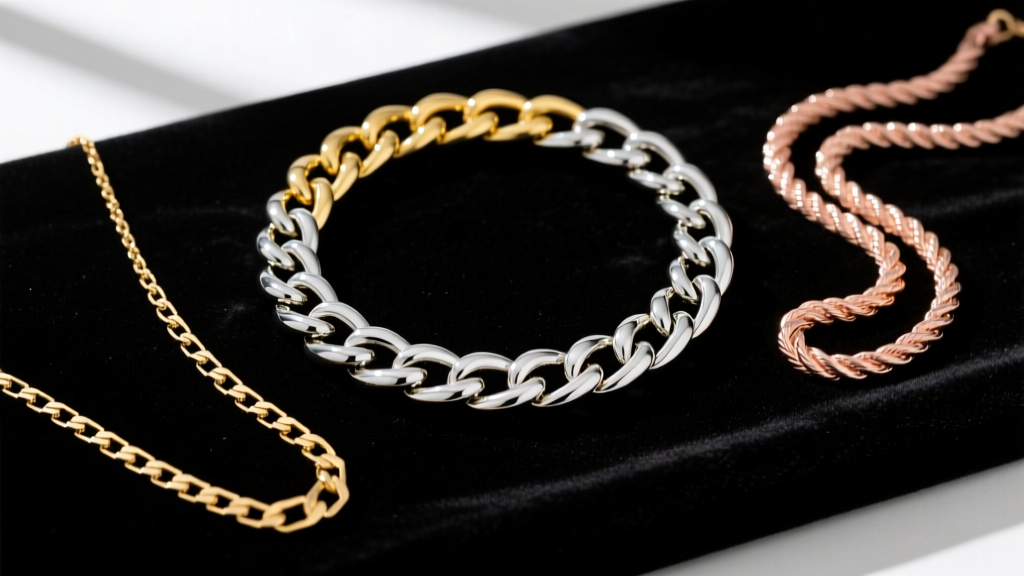 Flat lay of three chain necklace types on black velvet: a thick hollow Cuban, a delicate box chain, and a twisted rope chain.