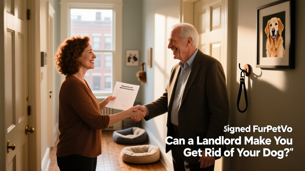 A tenant handing over a signed FurPetVo Pet Approval Letter to a smiling landlord
