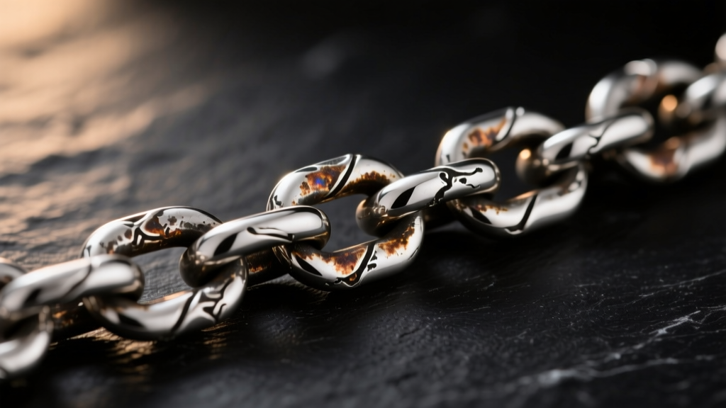 Close-up of heavily tarnished 925 sterling silver chain links on dark slate, illuminated by warm directional studio lighting