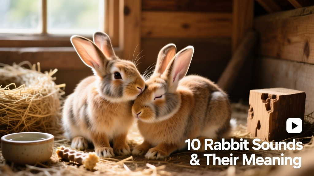 Two bonded rabbits grooming each other peacefully in a sunlit enclosure