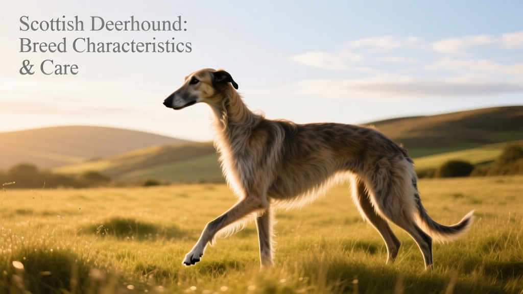 A majestic Scottish deerhound standing tall in a grassy field, showcasing its lean build and wiry coat