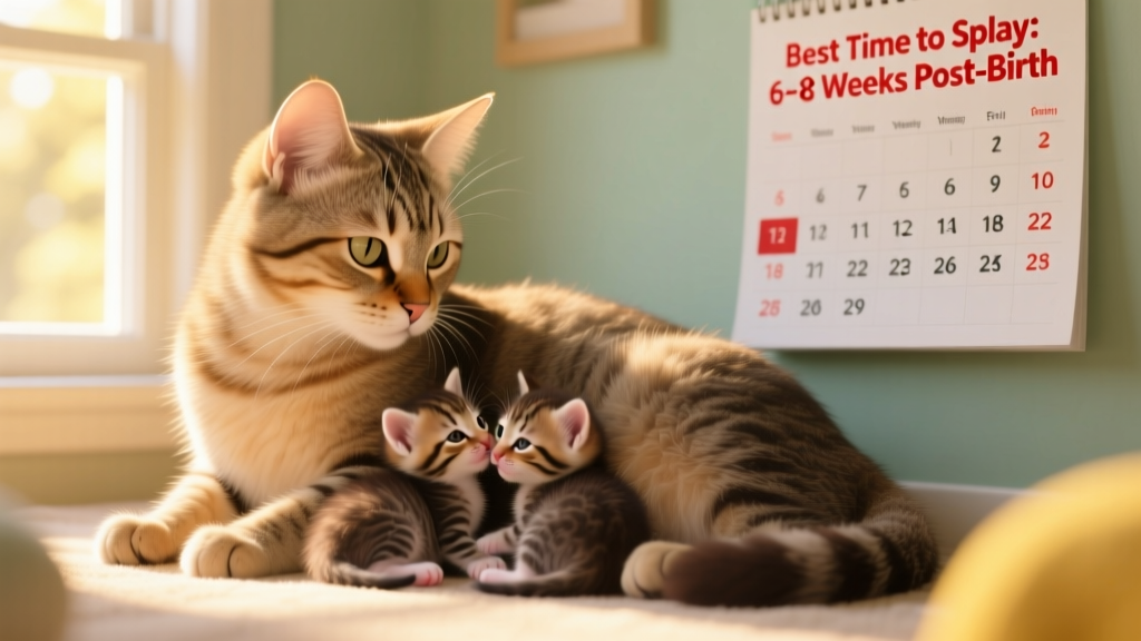 Photo of a mother cat nursing kittens alongside a calendar highlighting spay timing recommendations