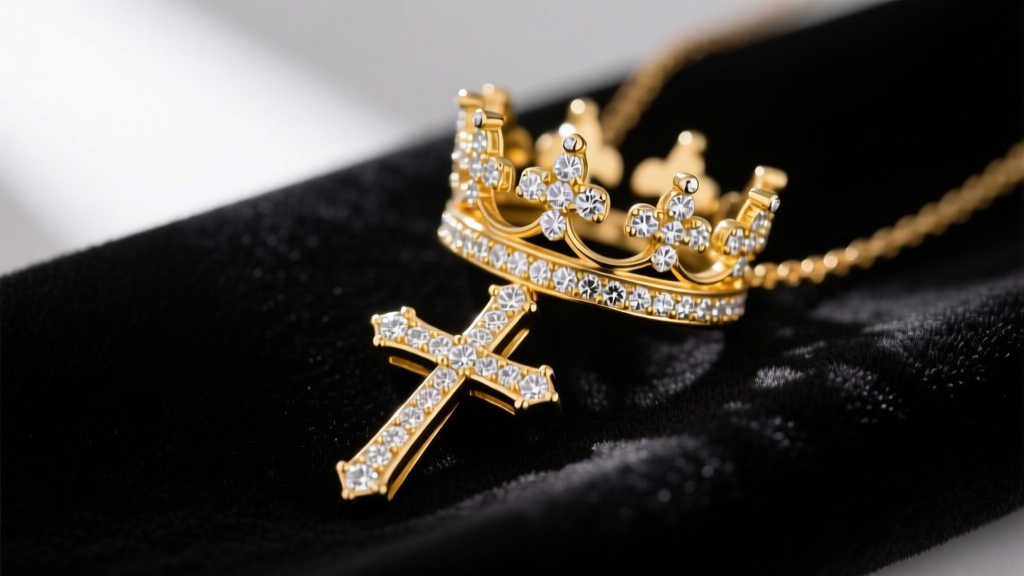 Close-up of a 14k yellow gold crown cross necklace on dark velvet, highlighting intricate micro-pave diamond crown details