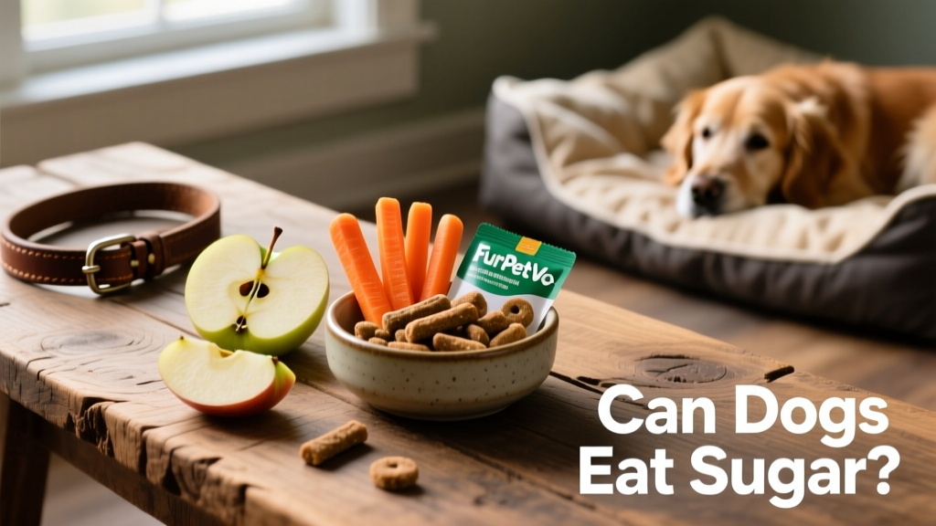 Assorted dog-friendly treats: apple slices, carrot sticks, and FurPetVo branded training treats