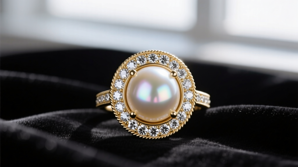 Macro shot of 18k white gold diamond halo settings surrounding a lustrous 8mm AAA-grade Akoya pearl, resting on black velvet