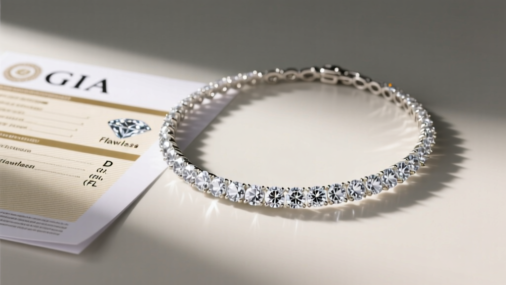 Open GIA diamond grading report beside a luxurious diamond tennis necklace, clearly displaying D color and Flawless clarity grades.