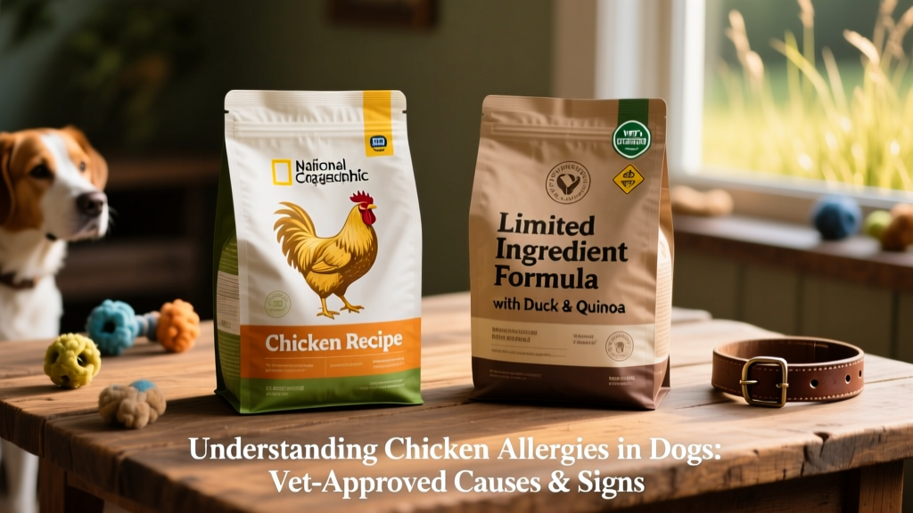 Side-by-side comparison of two dog food bags: one labeled 'Chicken Recipe' and another 'Limited Ingredient Formula with Duck & Quinoa'