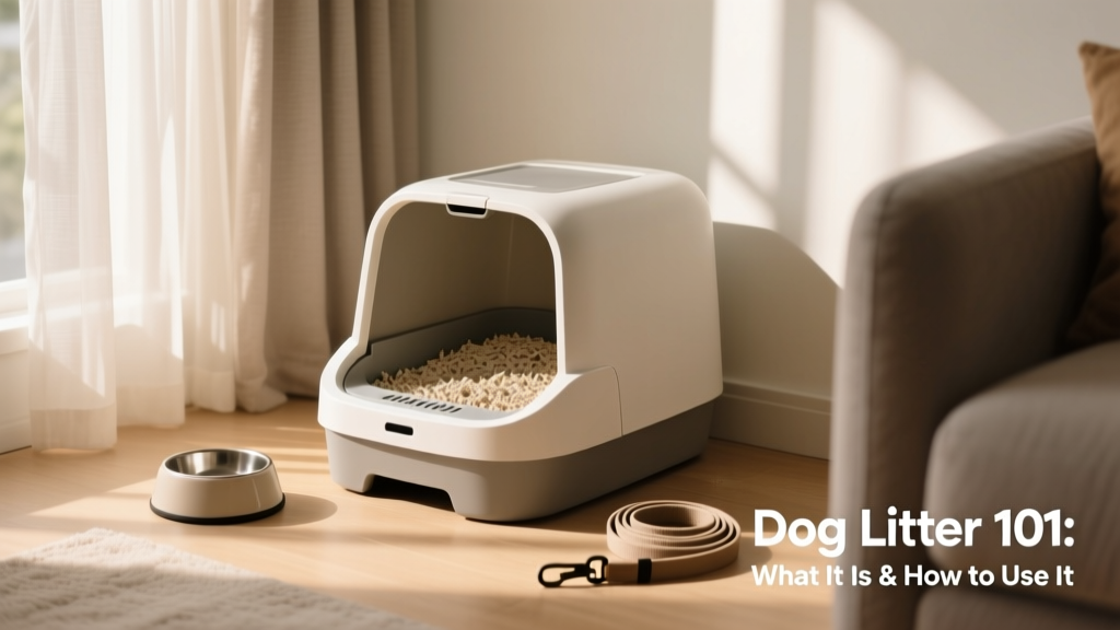 A clean, modern dog litter box with absorbent paper-based litter inside, placed in a bright, tidy corner of a home