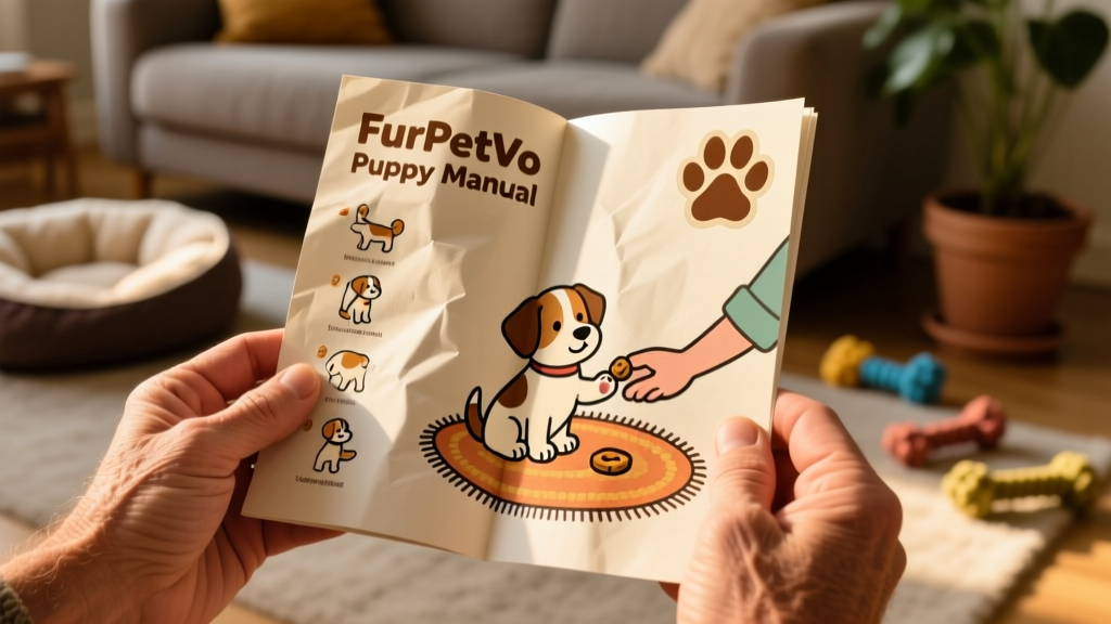 Close-up of hands holding the printed FurPetVo Puppy Manual open to a page with illustrated training steps and a paw-print logo