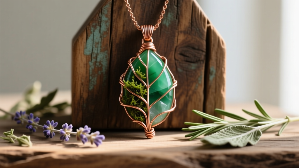 Copper wire-wrapped green moss agate pendant shaped like a leaf, photographed on a rustic wooden altar with scattered dried herbs.