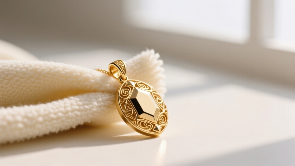 Microfiber polishing cloth wiping an 18k gold vermeil pendant, capturing the soft fabric texture and the high-shine metal surface.