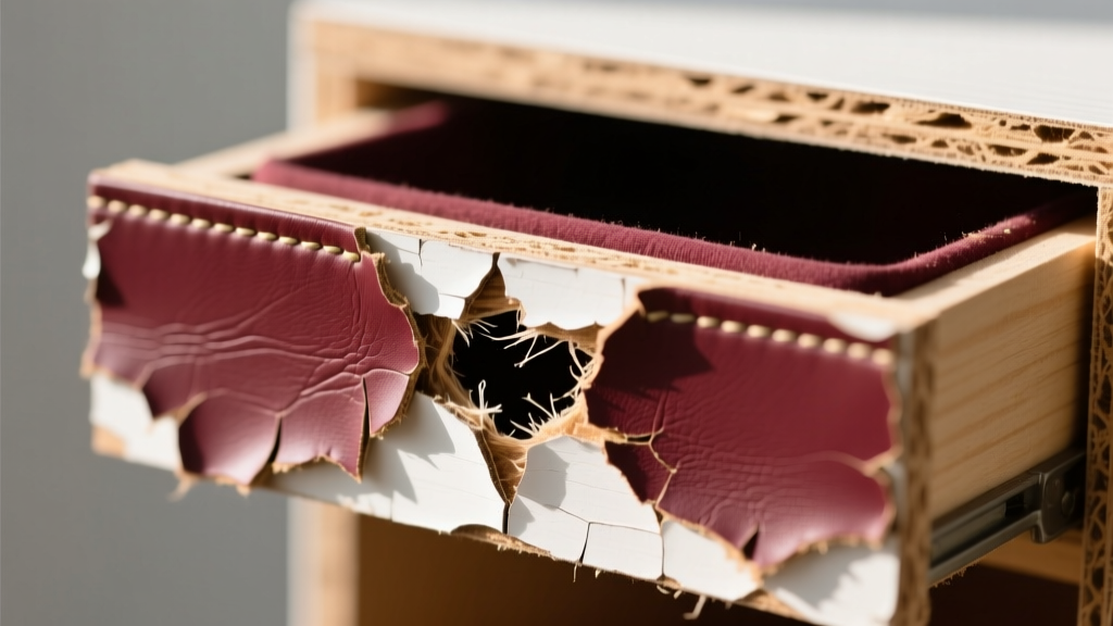 Close-up of budget MDF jewelry box drawer showing peeling faux-leather and frayed polyester lining exposing raw particle board.