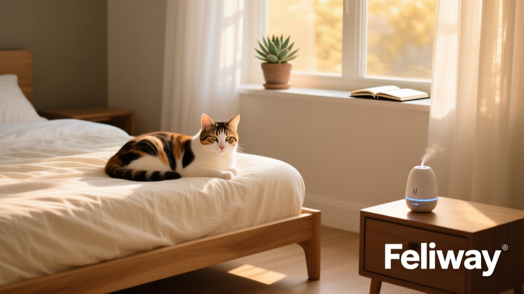 Calm cat resting on a soft bed near a sunny window, with a Feliway diffuser discreetly placed nearby